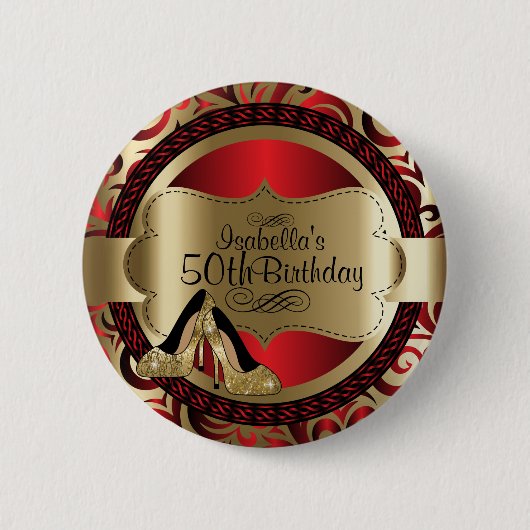 赤と金ゴールド00番目の誕生日と金ゴールドハイヒール 缶バッジ (正面)