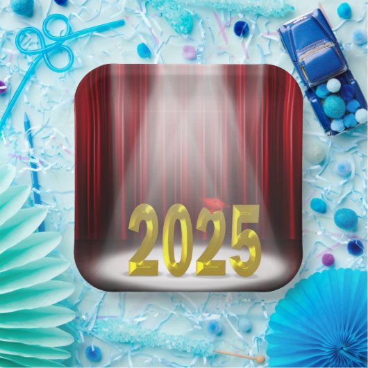 赤と金ゴールド2025年のスポットライトでの卒業 ペーパープレート (パーティー)