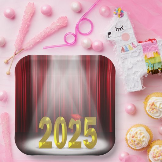 赤と金ゴールド2025年のスポットライトでの卒業 ペーパープレート (パーティー)