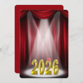 赤と金ゴールド2025年のスポットライトでの卒業 招待状 (正面/裏面)