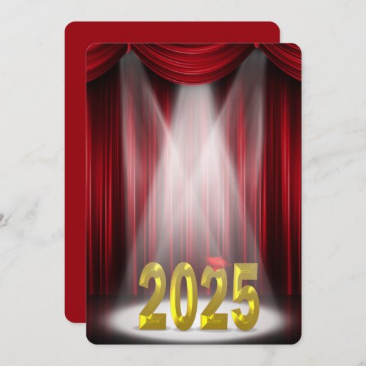 赤と金ゴールド2025年のスポットライトでの卒業 招待状 (正面/裏面)