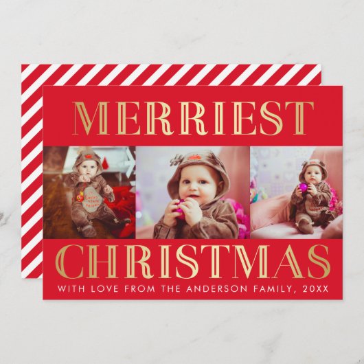赤と金ゴールド | 3写真クリスマスホリデー シーズンカード (正面/裏面)