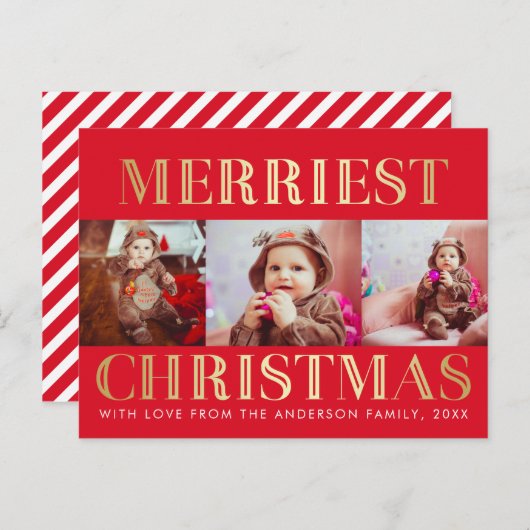 赤と金ゴールド | 3写真クリスマスホリデー シーズンポストカード (正面/裏面)