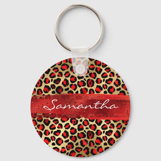 赤と金箔のヒョウのブラシストローク キーホルダー (正面)