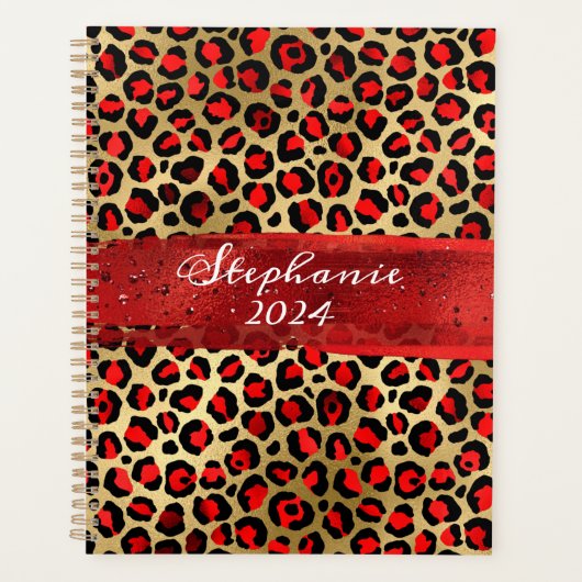 赤と金箔のヒョウのブラシストローク プランナー手帳 (正面)
