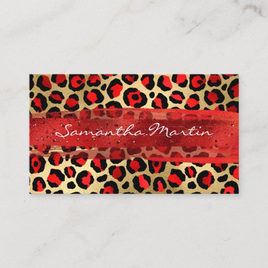 赤と金箔のヒョウのブラシストローク 名刺 (正面)