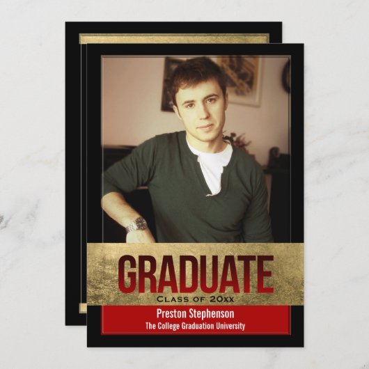 赤と金箔ブロック効果写真卒業 招待状 (正面/裏面)