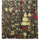 赤と金色のクリスマスツリー雪と星 シャワーカーテン (正面)