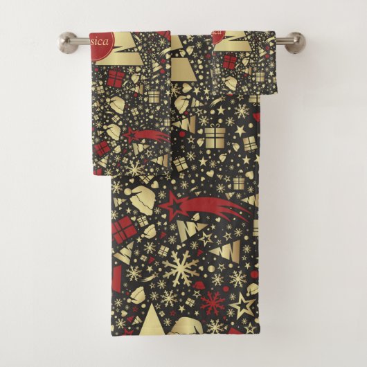赤と金色のクリスマスツリー雪と星 バスタオルセット (インサイチュ)