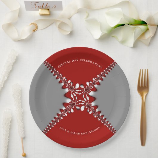 赤と銀のろうけつ染めフラクタルレース ペーパープレート (ウェディング)