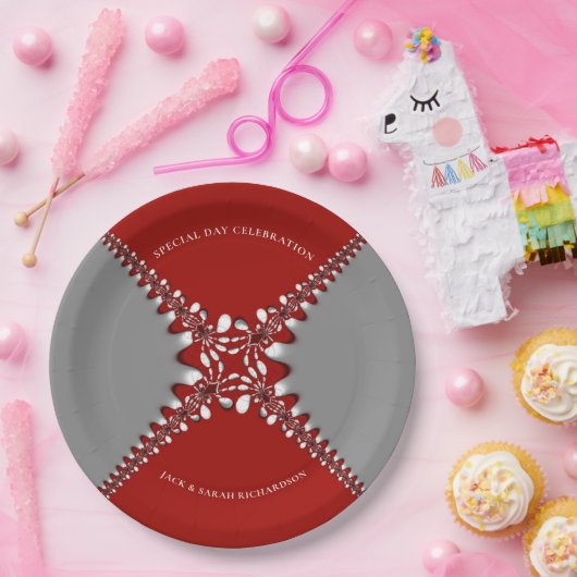 赤と銀のろうけつ染めフラクタルレース ペーパープレート (パーティー)