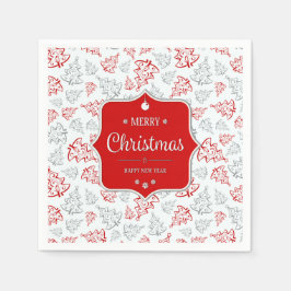 赤と銀のエレガントクリスマスツリーパターン スタンダードカクテルナプキン