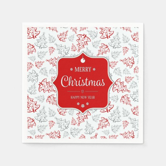 赤と銀のエレガントクリスマスツリーパターン スタンダードカクテルナプキン (正面)