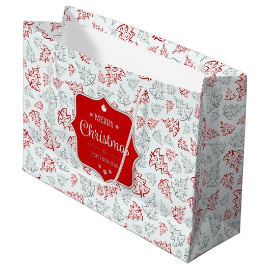 赤と銀のエレガントクリスマスツリーパターン ラージペーパーバッグ (正面アングル)
