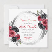 赤と銀のエレガント花Sweet sixteen 招待状 (正面)