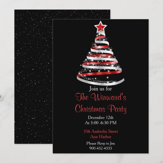赤と銀のクリスマスツリー 招待状 (正面/裏面)