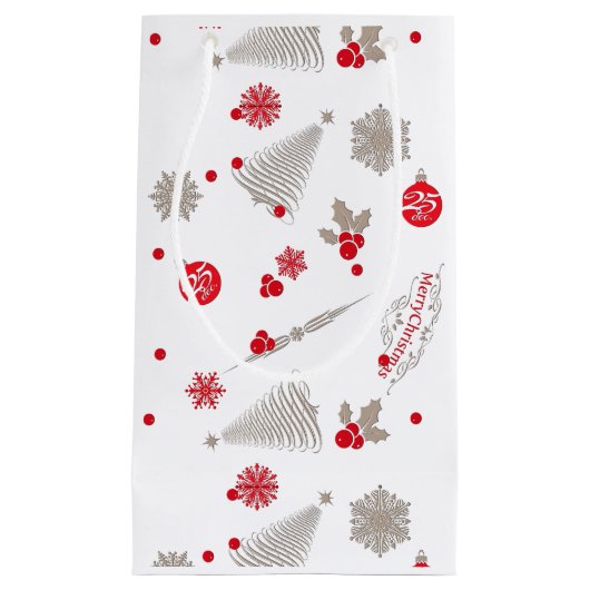 赤と銀のクリスマス抱き枕 – 小、光沢 スモールペーパーバッグ (正面)