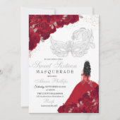 赤と銀のグリッター スイート16 マスカレード 招待状 (正面)