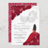 赤と銀のグリッター スイート16 マスカレード 招待状 (正面/裏面)