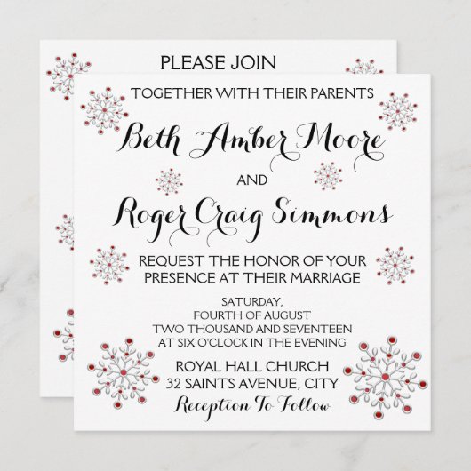 赤と銀のスノーフレーク結婚式招待状 招待状 (正面/裏面)