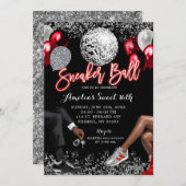 赤と銀のディスコスニーカー誕生日 招待状 (正面/裏面)