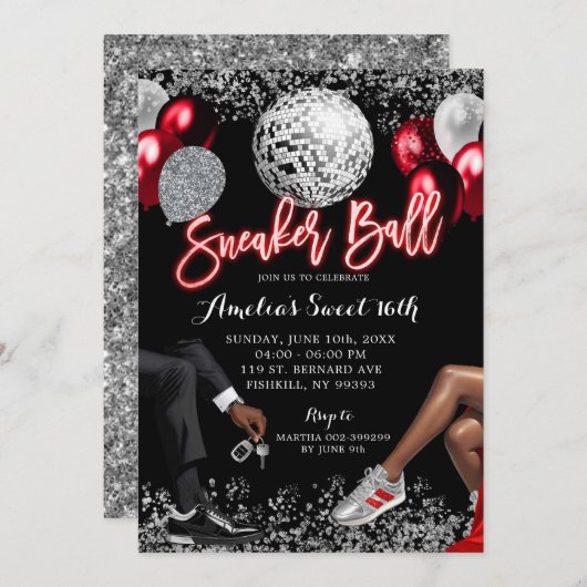 赤と銀のディスコスニーカー誕生日 招待状 (正面/裏面)