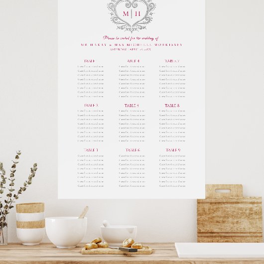 赤と銀のハート結婚リースの座席表 ポスター (キッチン)