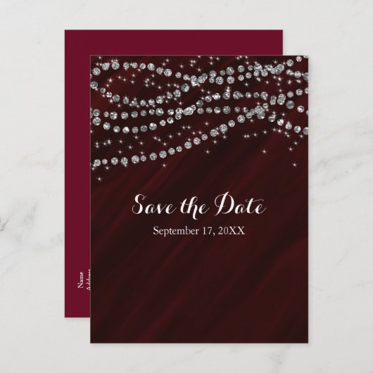 赤と銀のフェイクダイヤきらきら光るモンドの日付を保存 案内ポストカード (正面/裏面)