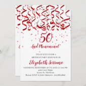 赤と銀のリボンと赤の紙吹雪50誕生日 招待状 (正面/裏面)
