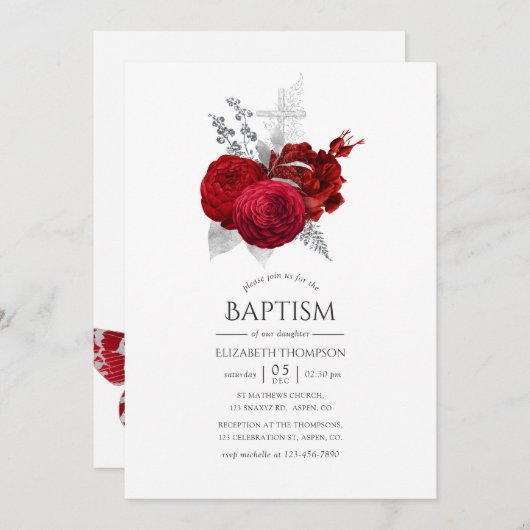 赤と銀のヴィンテージバラバプテスマ 招待状 (正面/裏面)