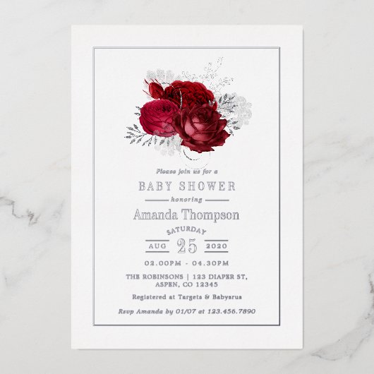 赤と銀のヴィンテージバラベビーシャワー 箔招待状 (正面)