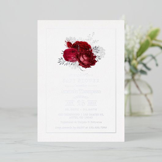 赤と銀のヴィンテージバラベビーシャワー 箔招待状 (立ち正面)