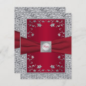 赤と銀の偽の箔の花柄の出欠確認カード 出欠カード (正面/裏面)