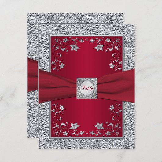 赤と銀の偽の箔の花柄の出欠確認カード 出欠カード (正面/裏面)