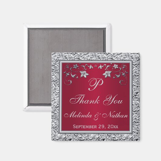 赤と銀の偽の箔押し花柄のウェディングギフトマグネット マグネット (正面/裏面)
