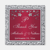 赤と銀の偽の箔押し花柄のウェディングギフトマグネット マグネット (正面)