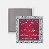 赤と銀の偽の箔押し花柄 ウェディング フェイバーマグネット マグネット (正面/裏面)