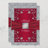 赤と銀の偽箔モノグラム結婚式招待状 招待状 (正面/裏面)