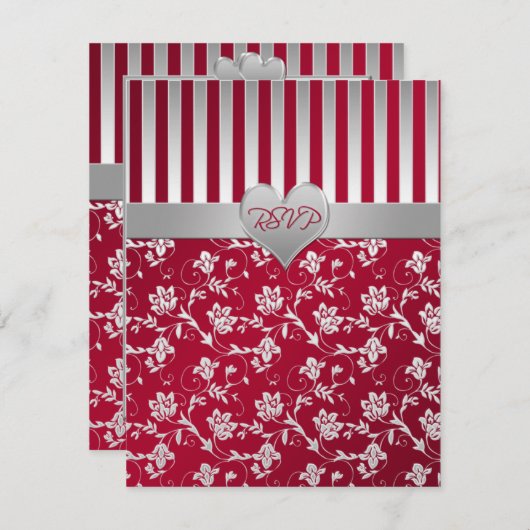 赤と銀の花柄のハート型返信カード 招待状 (正面/裏面)