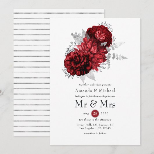 赤と銀の花柄のMr. & Mrs. ウェディング 招待状 (正面/裏面)