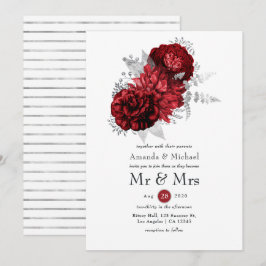 赤と銀の花柄のMr. & Mrs. ウェディング 招待状