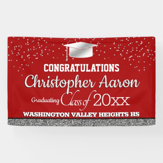 赤と銀の輝かしい卒業 横断幕 (横)