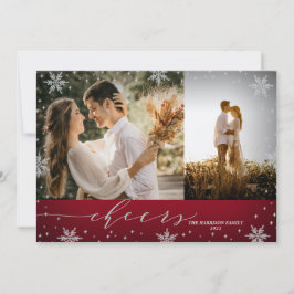 赤と銀の雪片2枚の写真応援クリスマス カード