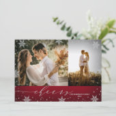 赤と銀の雪片2枚の写真応援クリスマス カード (スタンド正面)