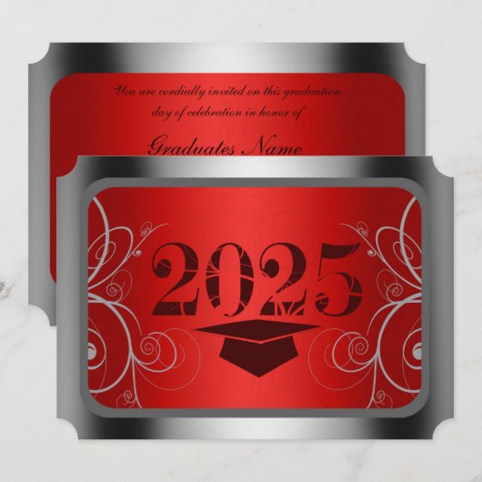 赤と銀の額面卒業 招待状 (正面/裏面)