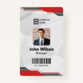 赤と銀モダンのID(写真とバーコード) バッジ (正面)