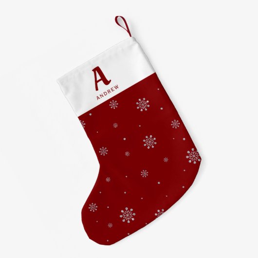 赤と銀箔の雪の結晶パターン スモールクリスマスストッキング (裏面 (吊り時))