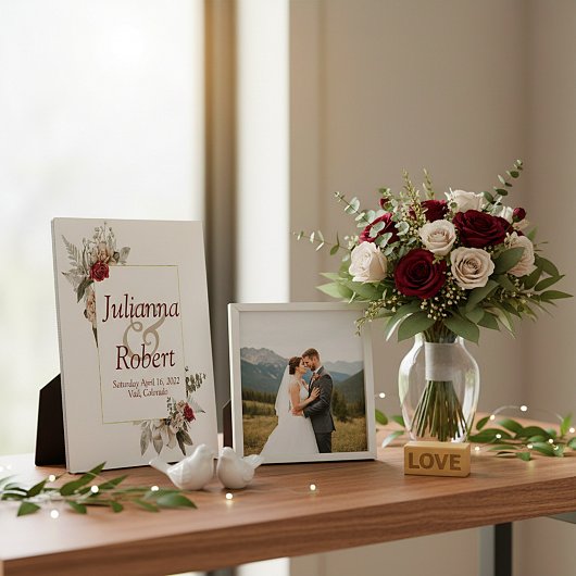 赤と霧の水色のフローラ結婚の額 フォトプラーク