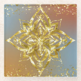 赤と青とグラデーション金ゴールド曼荼羅 ガラスコースター