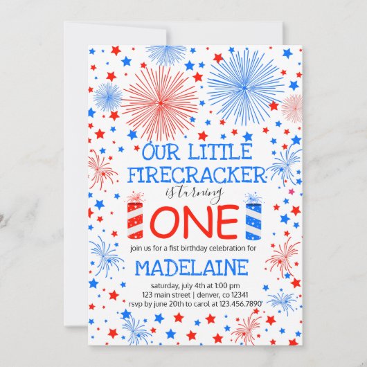 赤と青と白のキラキラと星の誕生日 招待状 (正面)